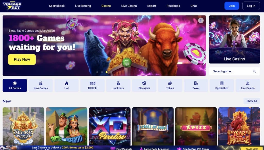 VoltageBet Online Casino Welcome Screen